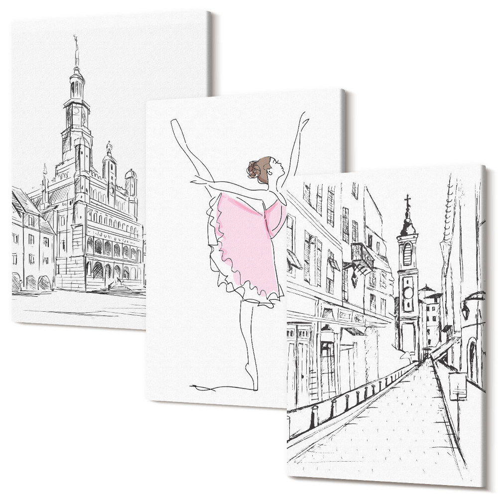 Zestaw obrazów na płótnie tryptyk Stylowe obrazy z tańczącą baletnicą i architekturą