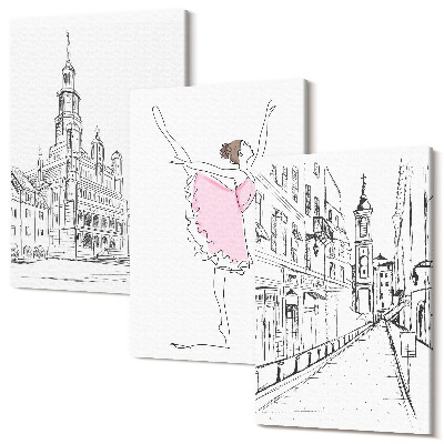 Zestaw obrazów na płótnie tryptyk Stylowe obrazy z tańczącą baletnicą i architekturą