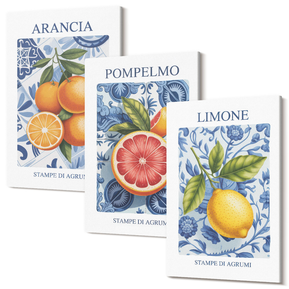 Zestaw obrazów tryptyk na ścianę Owocowe ilustracje cytrusów w stylu vintage