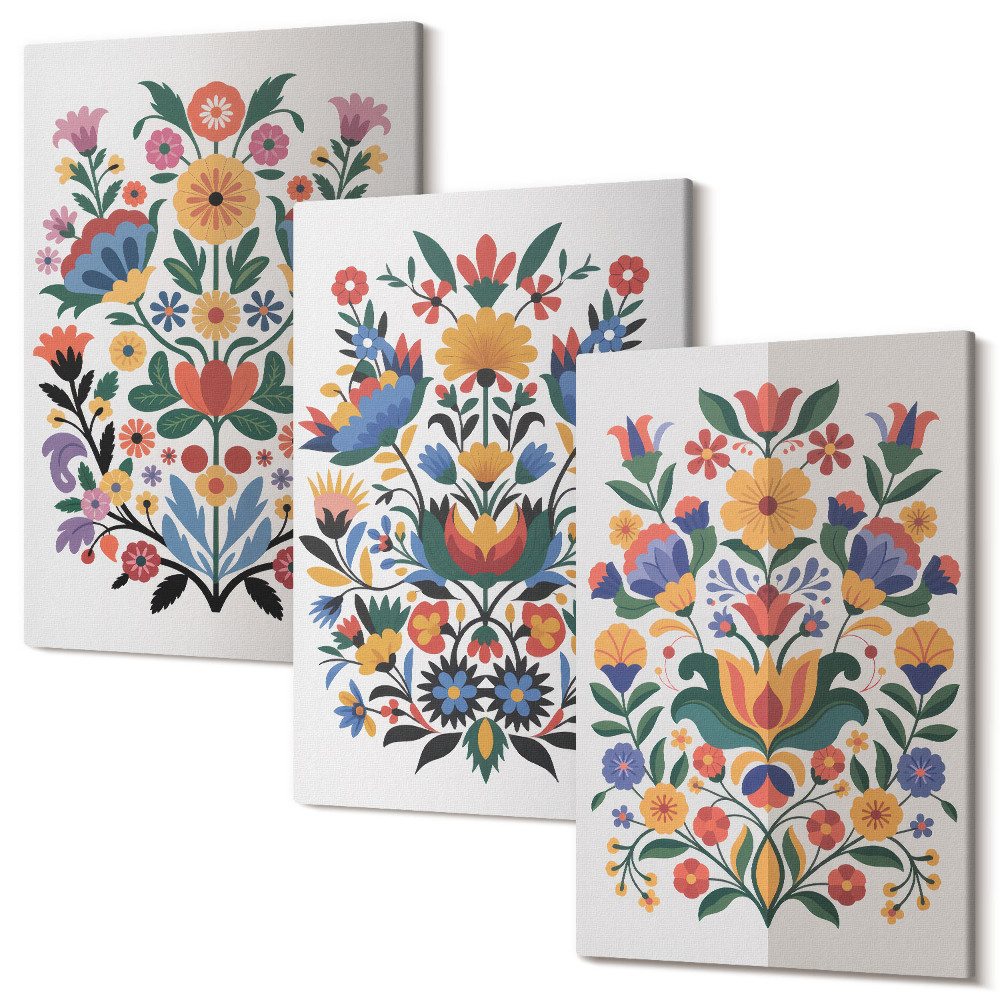 Zestaw obrazów na płótnie tryptyk Kwiatowe wzory w intensywnych kolorach na tle białym