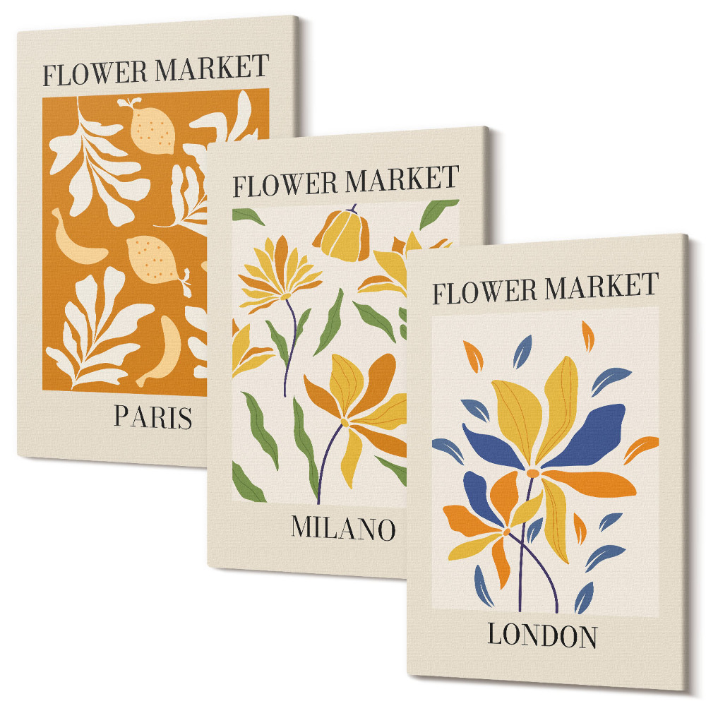 Zestaw obrazów 3 części tryptyk Kwiatowe postery Paryż Mediolan Londyn