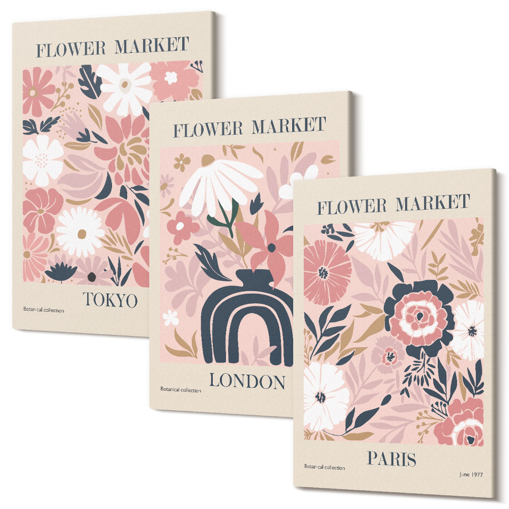 Zestaw obrazów tryptyk na ścianę Kwiatowe motywy w Tokio Londynie i Paryżu