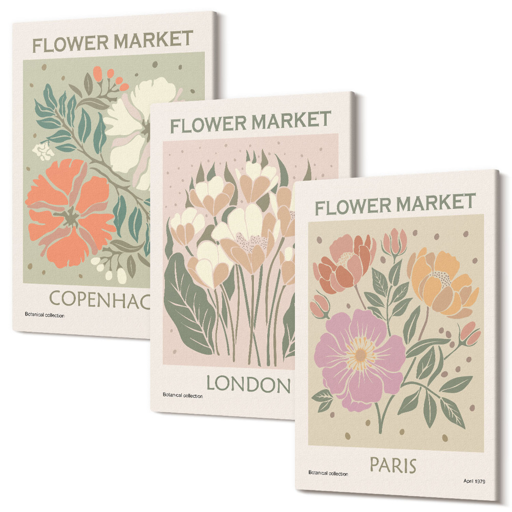 Zestaw obrazów 3 części tryptyk Kwiatowe postery Kopenhaga Londyn Paryż