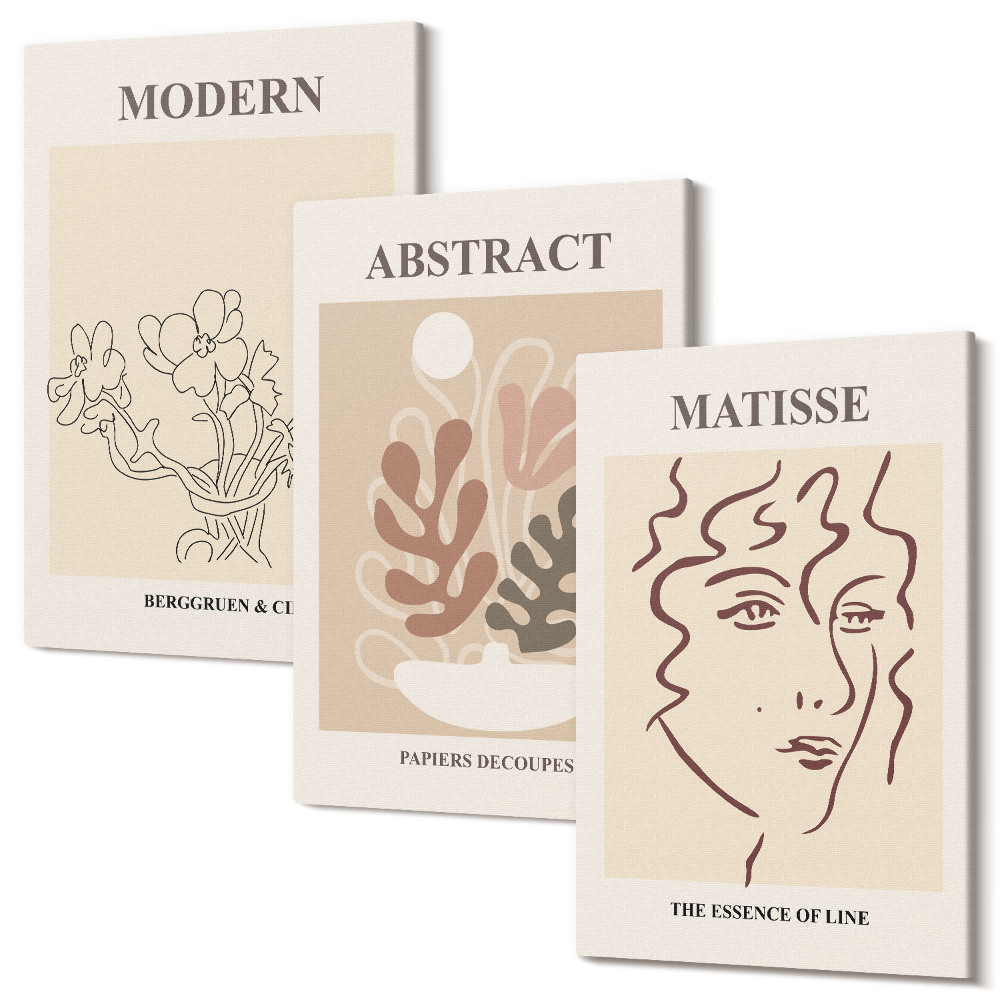 Zestaw obrazów 3 części tryptyk Roślinne motywy i linie w stylu nowoczesnym