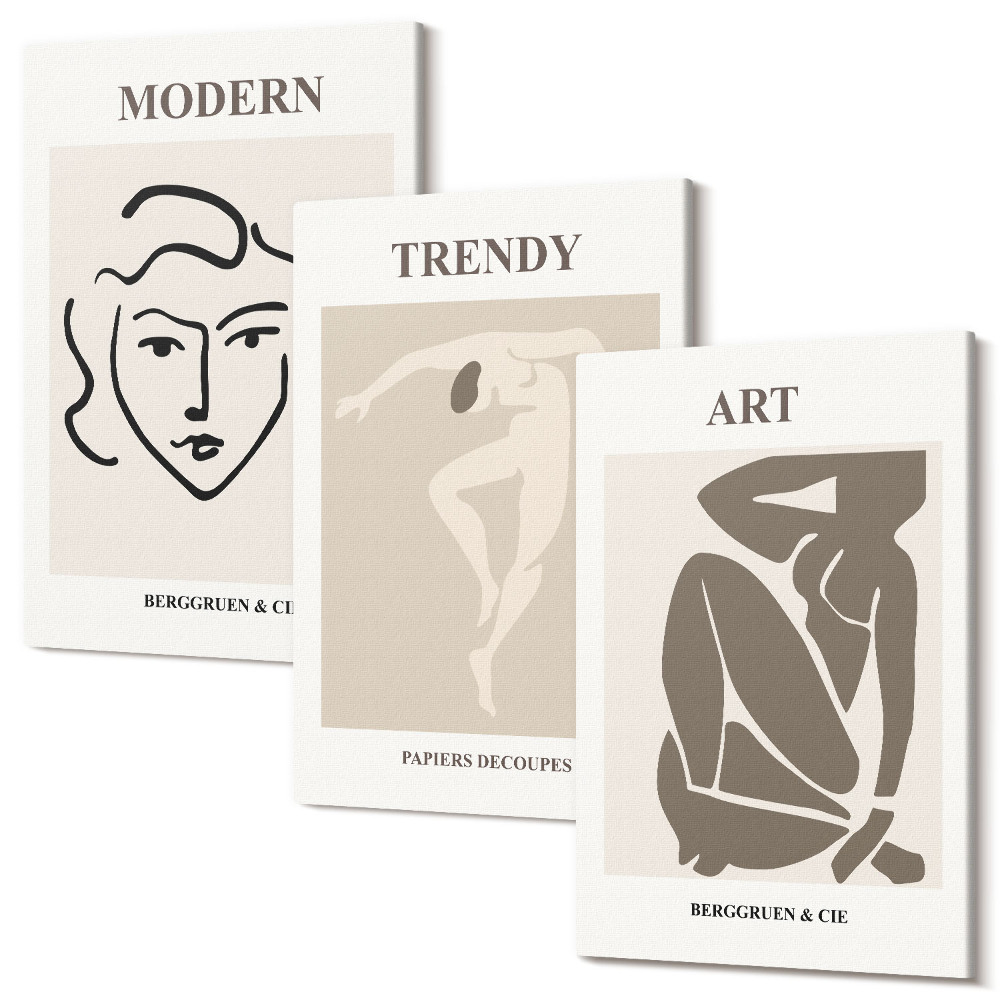 Zestaw obrazów 3 części tryptyk Abstrakcyjne portrety w stonowanych kolorach