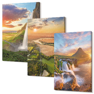 Zestaw obrazów 3 części tryptyk Wodospady krajobrazy górskie i rzeki o zachodzie słońca