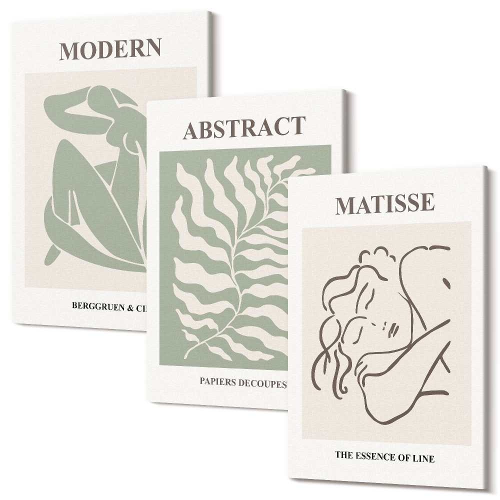 Zestaw obrazów tryptyk na ścianę Stylowe obrazy w odcieniach zieleni z postaciami i liśćmi