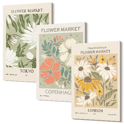 Zestaw obrazów 3 części tryptyk Kwiatowe motywy z różnych miast świata