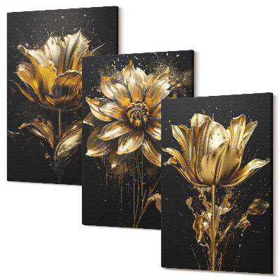 Zestaw obrazów na płótnie tryptyk Kwiaty w odcieniach żółtego na ciemnym tle