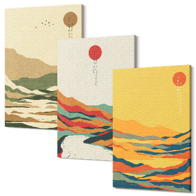 Zestaw obrazów na płótnie tryptyk Kolorowe wzory gór i rzek styl japandi