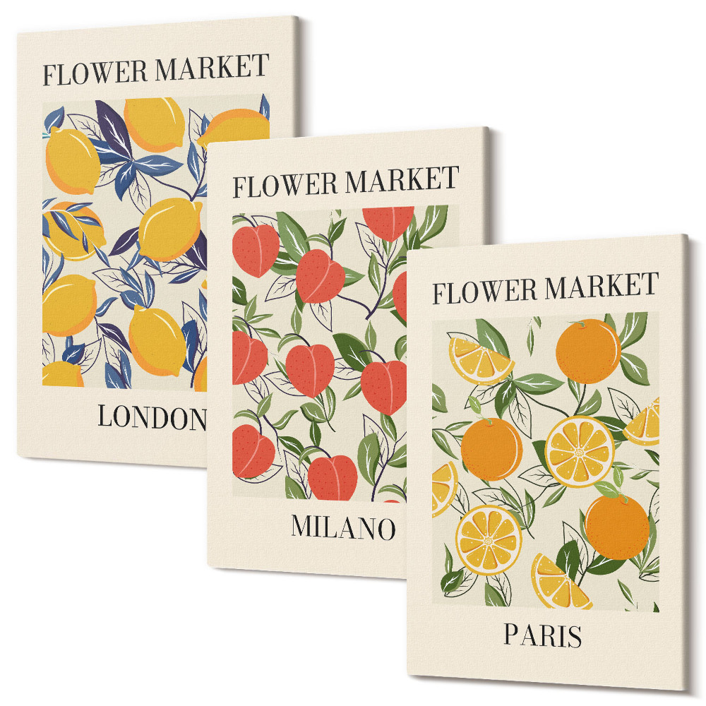 Zestaw obrazów 3 części tryptyk Kwiatowe postery w Londynie Mediolanie i Paryżu