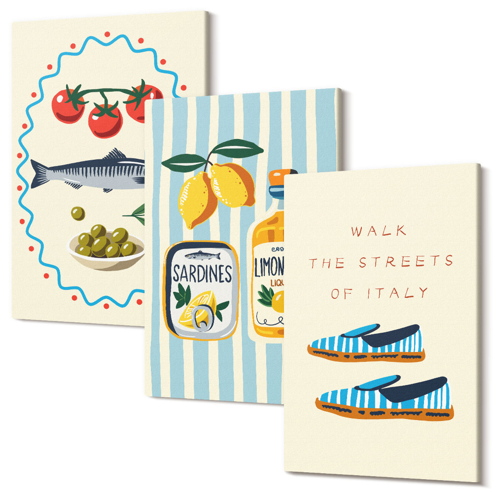 Zestaw obrazów tryptyk na ścianę Włoskie smaki i styl życia w kolorowych obrazach