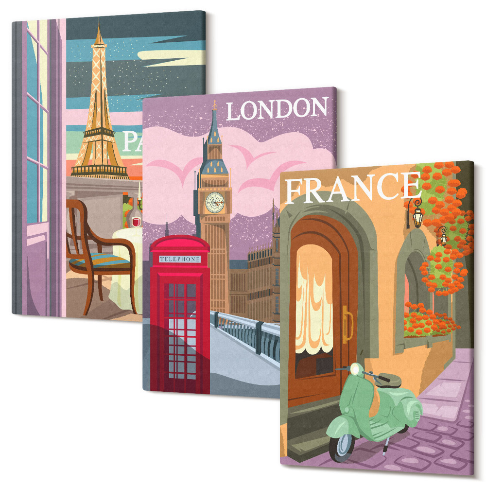 Zestaw obrazów 3 części tryptyk Widoki miast Paryż Londyn i Francja w stylu retro