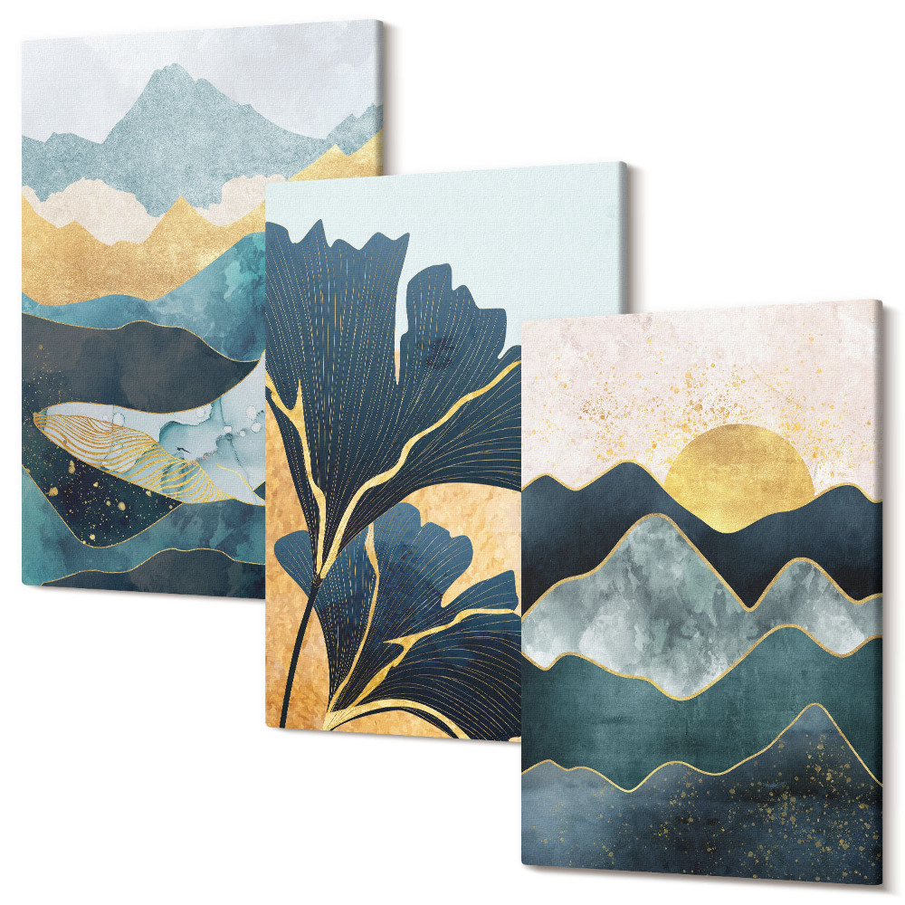 Zestaw obrazów 3 części tryptyk Abstrakcyjne estetyczne widoki z górami i roślinami