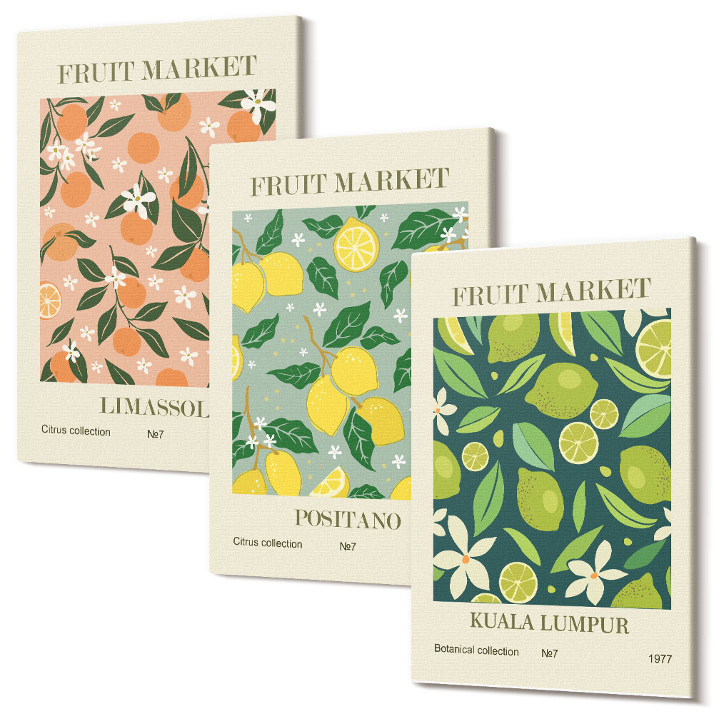 Zestaw obrazów tryptyk na ścianę Owocowe wzory z cytrusami i kwiatami vintage