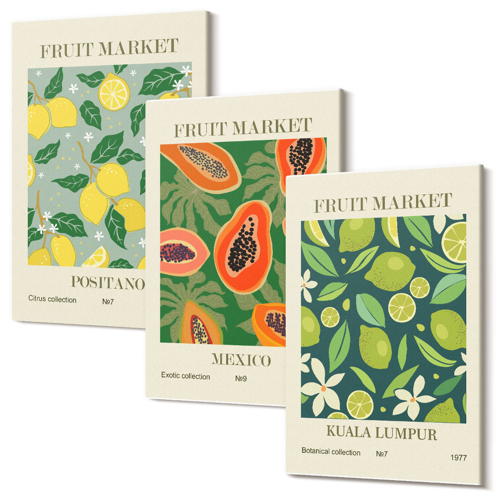 Zestaw obrazów na płótnie tryptyk Owocowe wzory cytryn papai i limonek