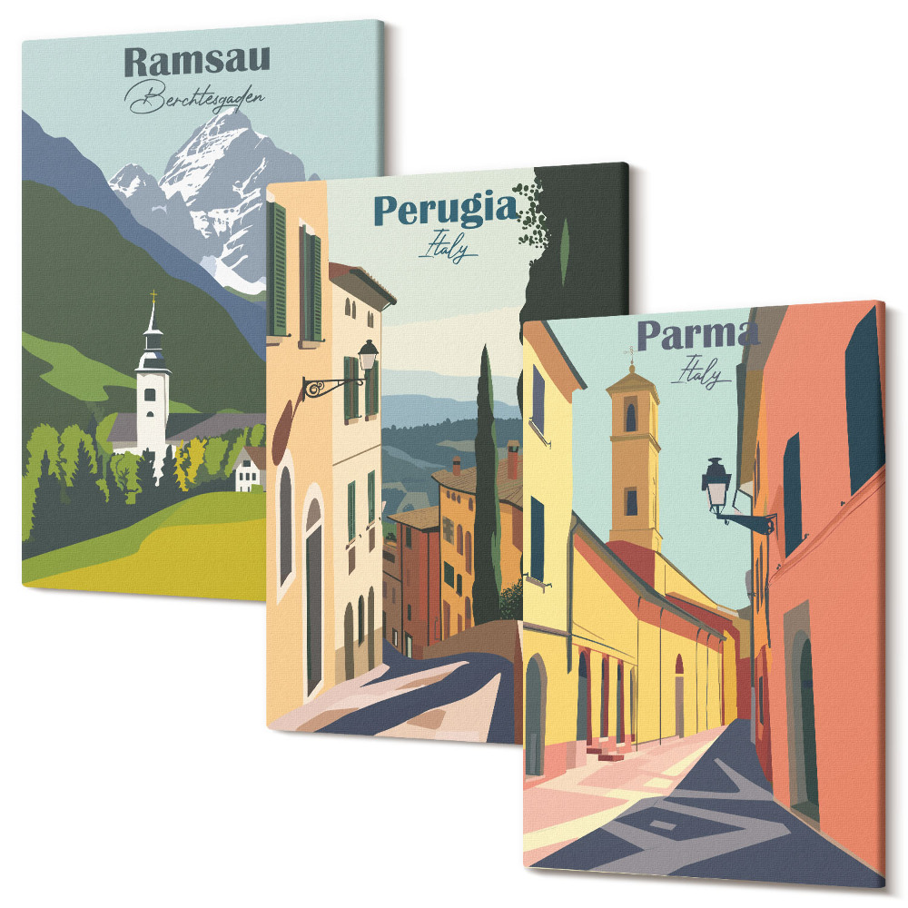 Zestaw obrazów 3 części tryptyk Pejzaże górskie i uliczki włoskich miast