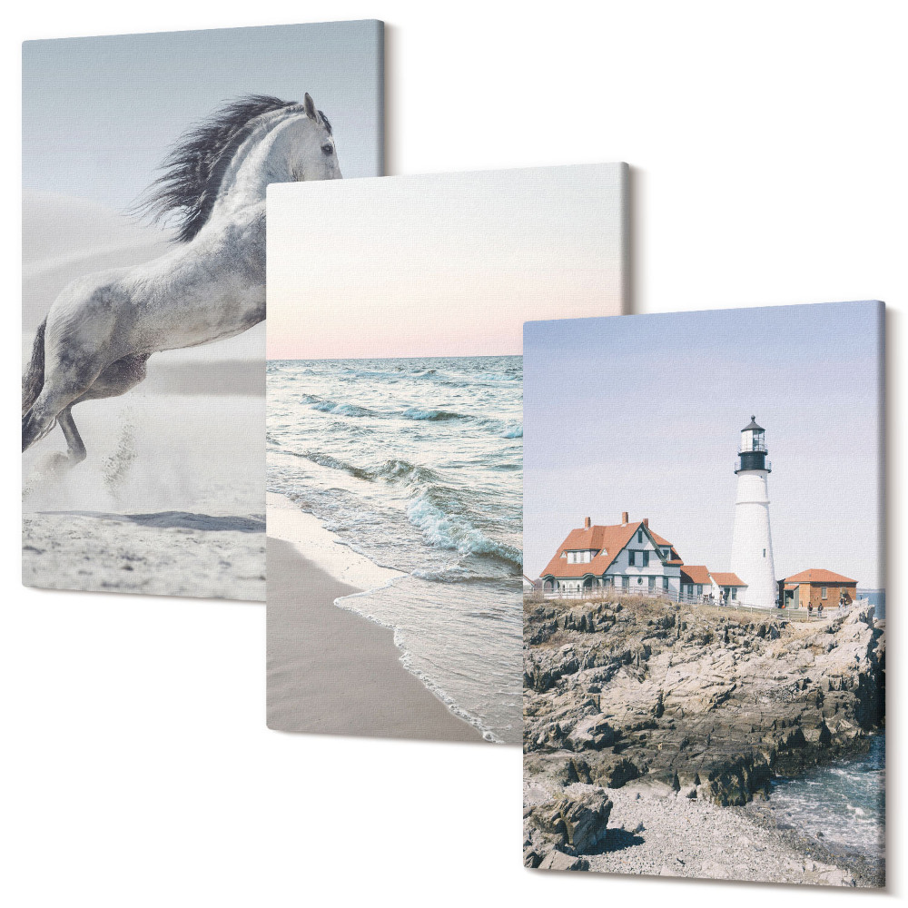 Zestaw obrazów tryptyk na ścianę Konie w ruchu plaża i latarnia morska fale wody
