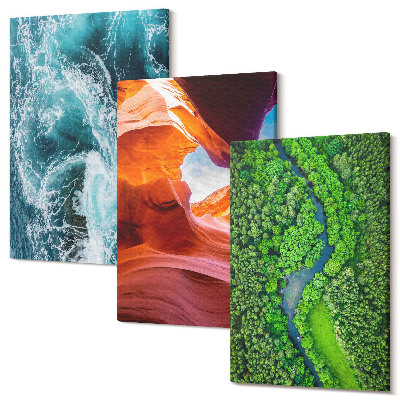 Zestaw obrazów 3 części tryptyk Woda w ruchu kanion i zieleń lasu natura