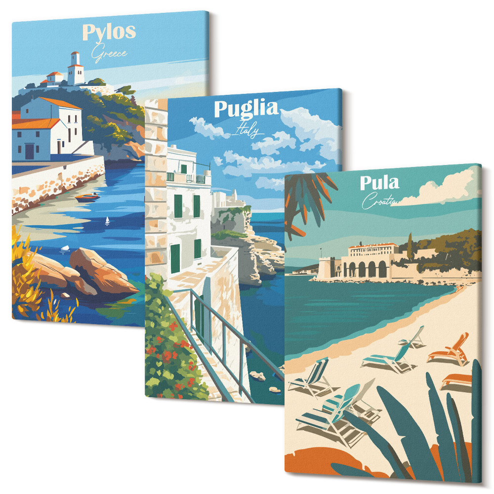 Zestaw obrazów 3 części tryptyk Malownicze krajobrazy nadmorskie z turystycznych krajów