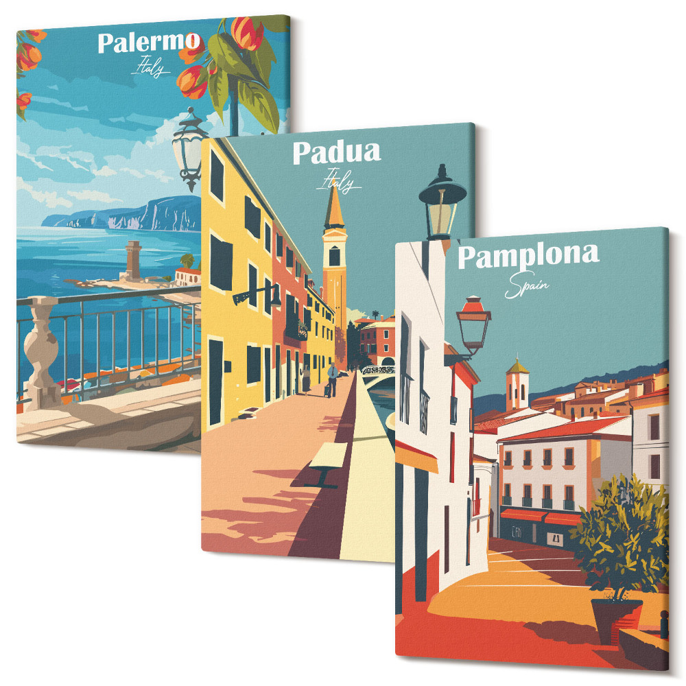 Zestaw obrazów tryptyk na ścianę Popularne miasta w retro ilustracyjnym stylu