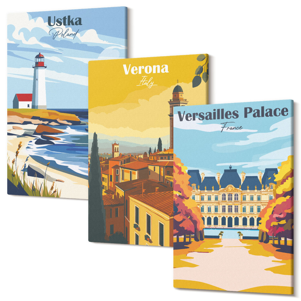Zestaw obrazów na płótnie tryptyk Widoki znanych miejsc nad morzem i w miastach
