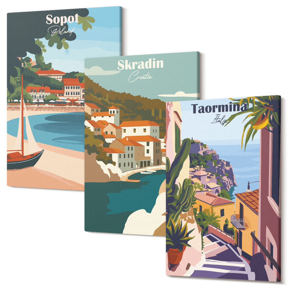 Zestaw obrazów tryptyk na ścianę Widoki nadmorskich miast stylowe ilustracje