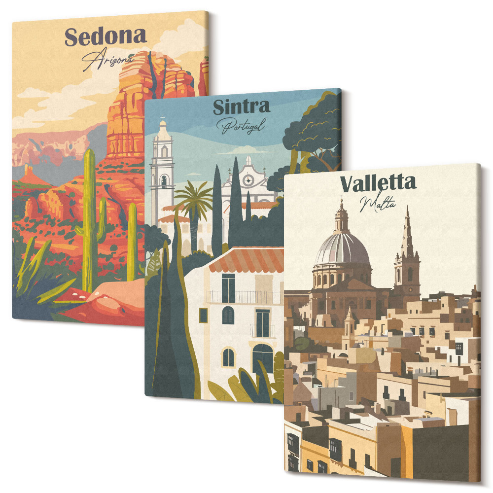 Zestaw obrazów 3 części tryptyk Widoki miast Sedona Sintra Valletta w stylu retro