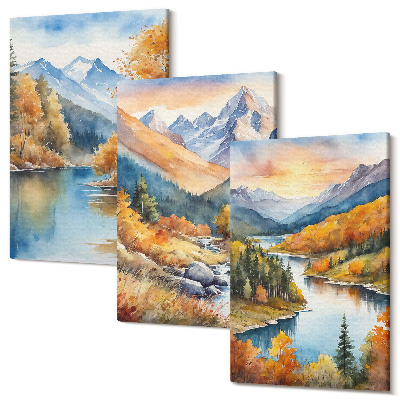 Zestaw obrazów 3 części tryptyk Górski krajobraz z rzeką i jesiennymi drzewami