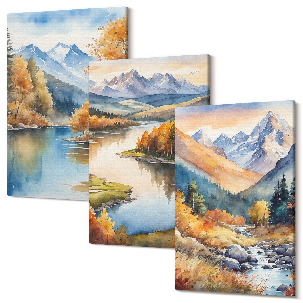 Zestaw obrazów na płótnie tryptyk Widoki górskie z rzeką i jesiennymi drzewami