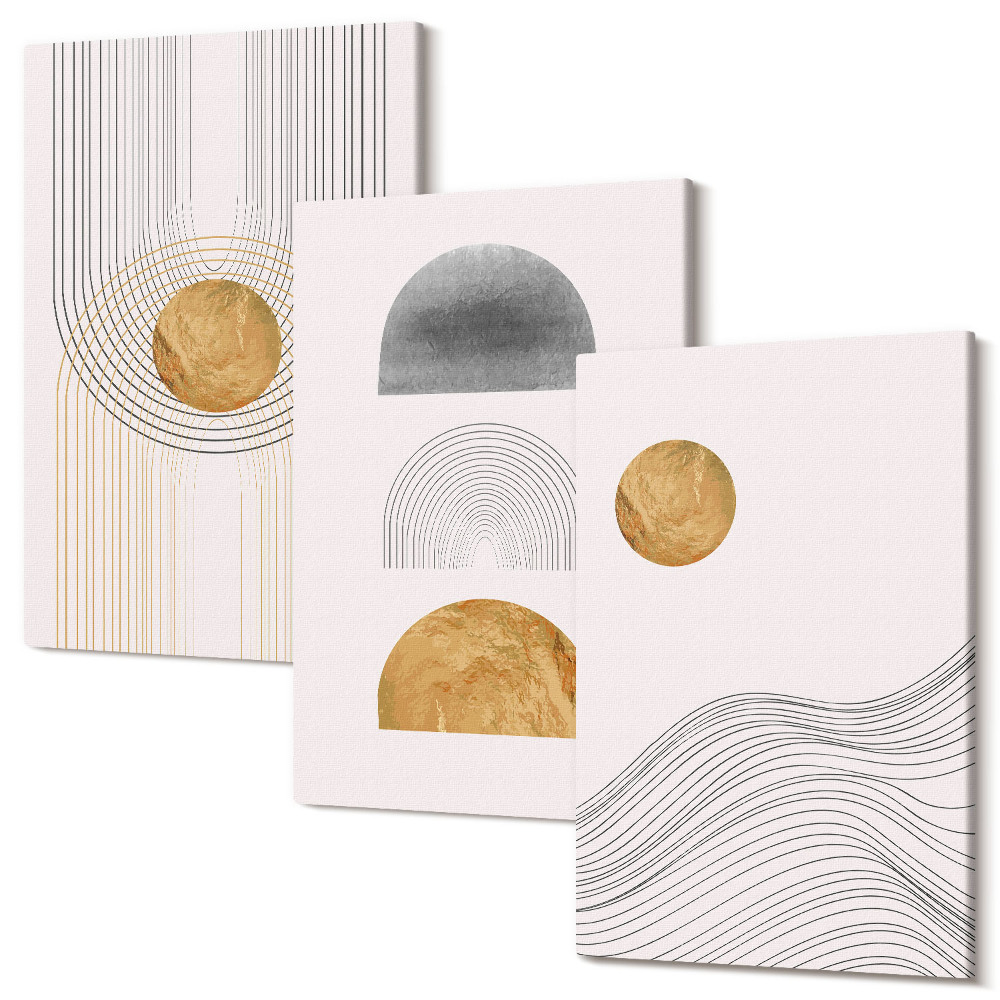 Zestaw obrazów 3 części tryptyk Abstrakcyjne kształty i linie w odcieniach beżu i szarości