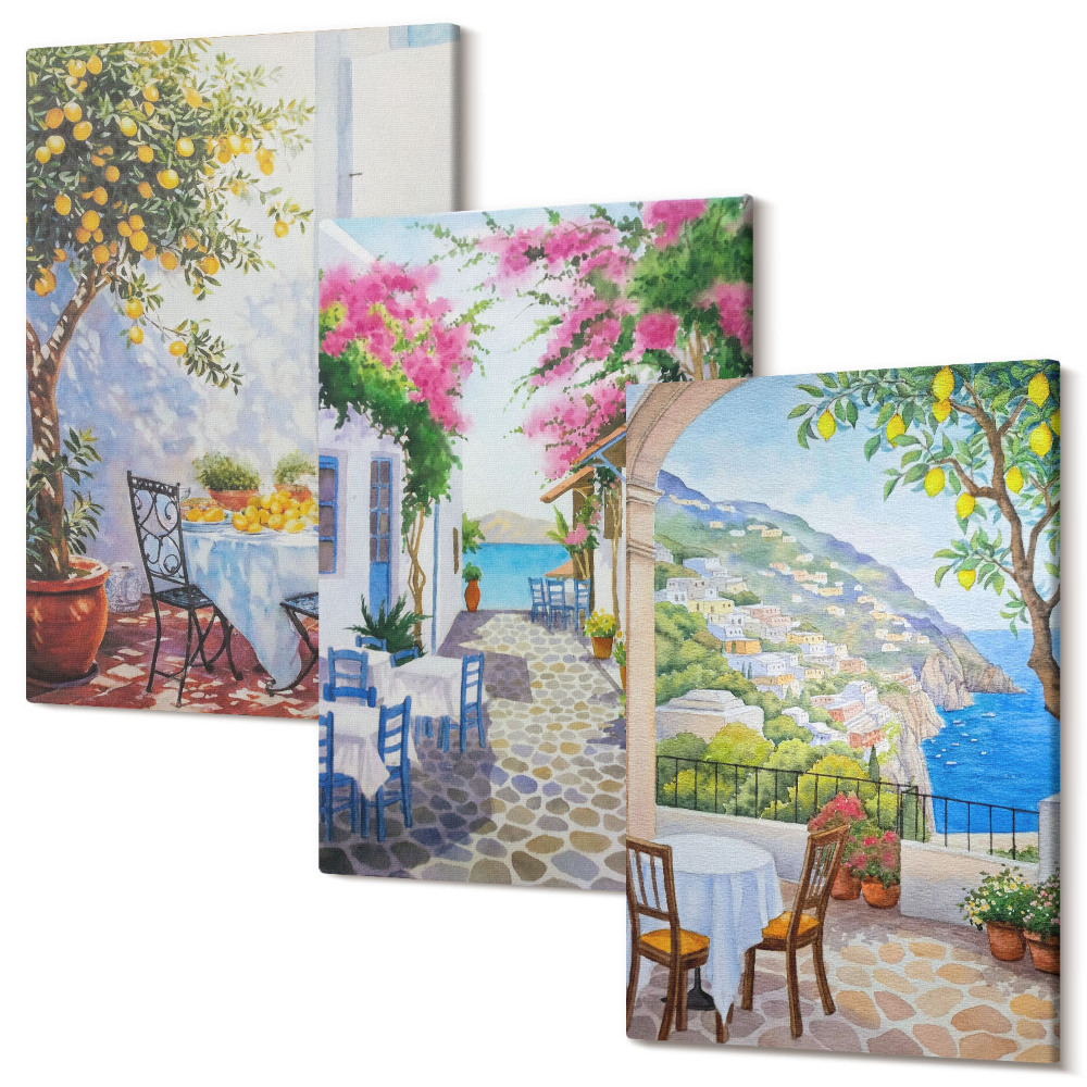 Zestaw obrazów 3 części tryptyk Urokliwe uliczki z kwitnącymi roślinami i widokiem na morze