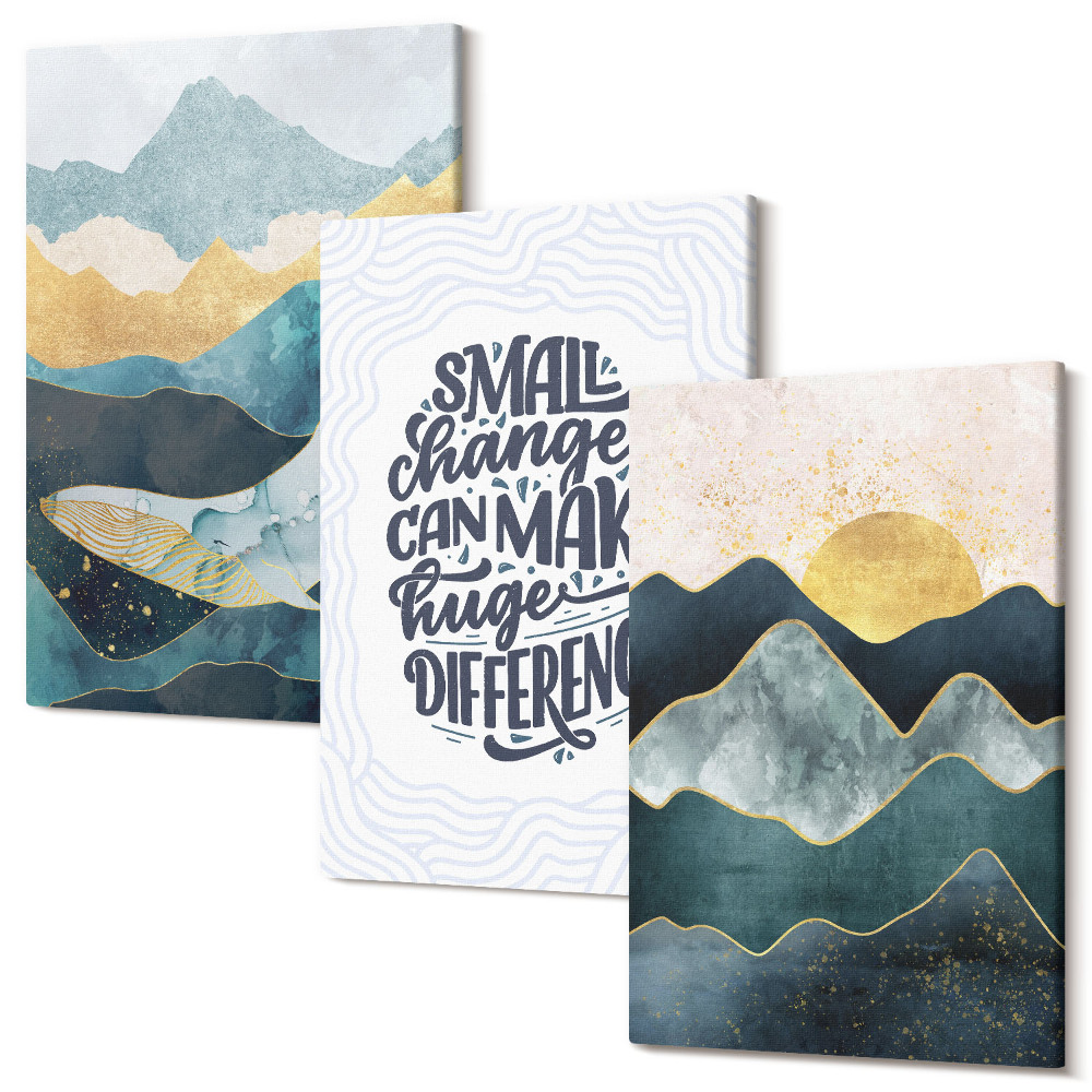 Zestaw obrazów na płótnie tryptyk Abstrakcyjne pejzaże górskie inspirujący napis