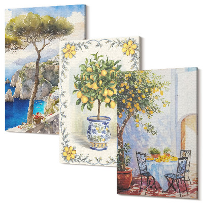 Zestaw obrazów na płótnie tryptyk Widoki na morze z drzewami cytrynowymi