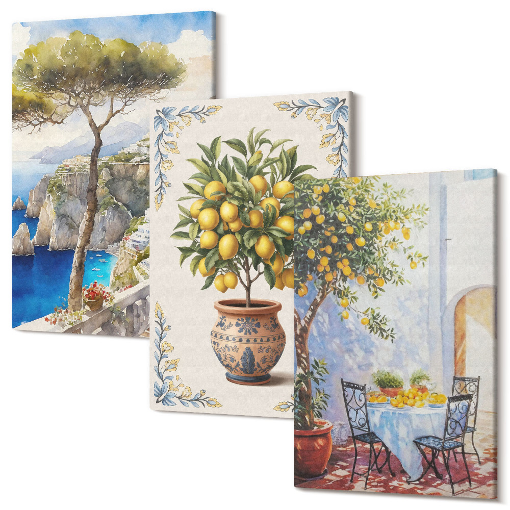 Zestaw obrazów tryptyk na ścianę Widok na morze z drzewem cytrynowym i stołem w ogrodzie