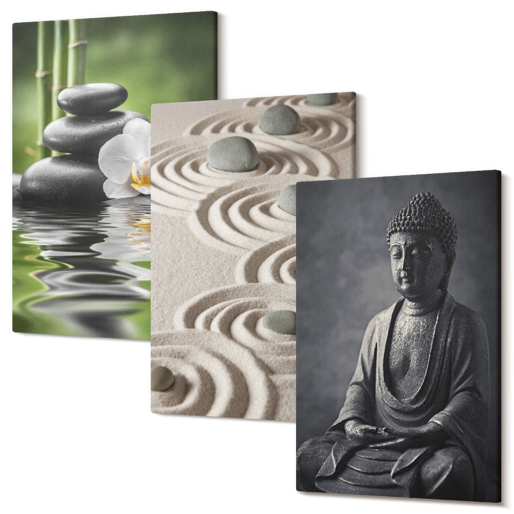 Zestaw obrazów 3 części tryptyk Relaksujące widok Budda kamienie na plaży i bambus