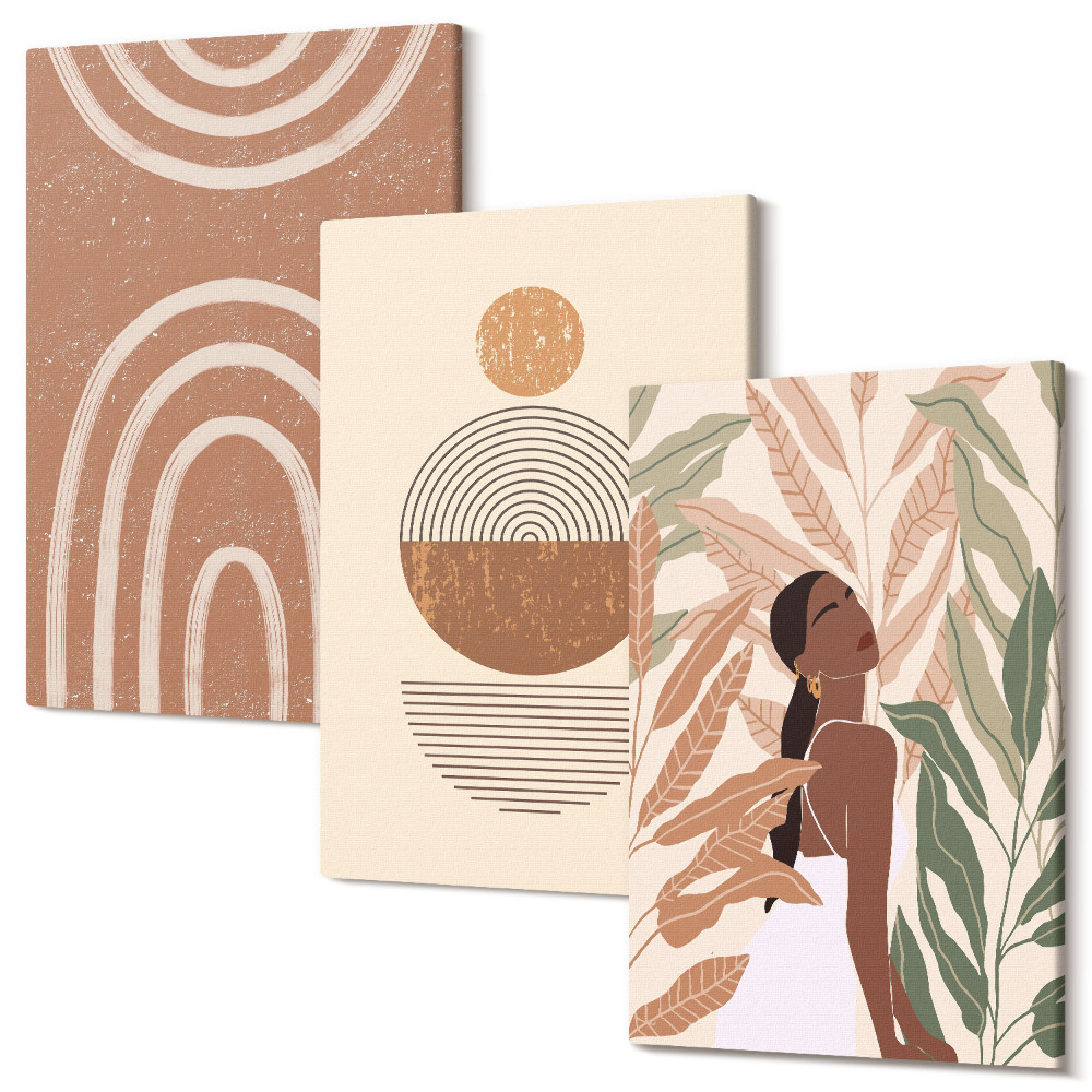 Zestaw obrazów na płótnie tryptyk Stylowe wzory z roślinnymi motywami i geometrycznymi kształtami