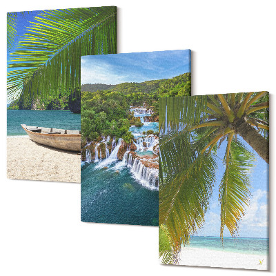 Zestaw obrazów 3 części tryptyk Plaża z łodzią wodospady i palmy w tropikach