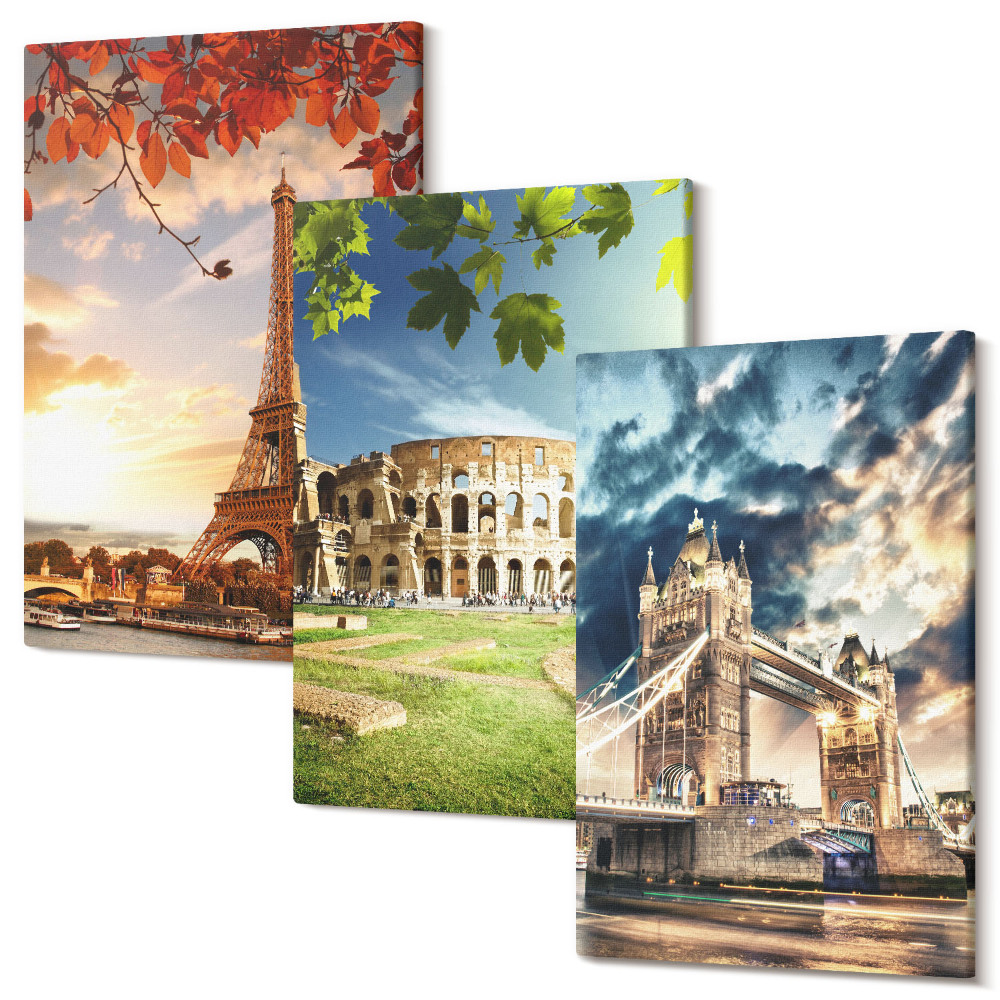 Zestaw obrazów tryptyk na ścianę Zabytki Europy w ciepłych kolorach krajobrazu