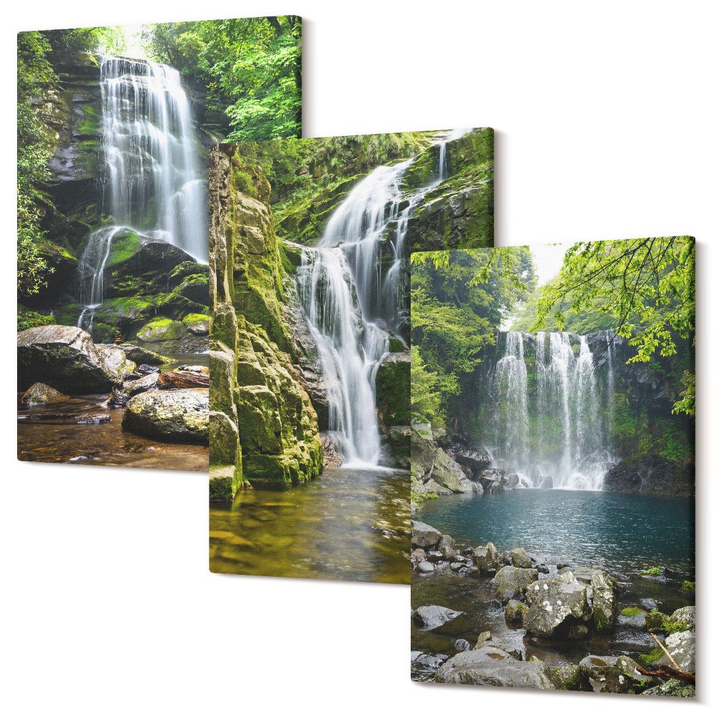 Zestaw obrazów tryptyk na ścianę Wodospady w zielonym otoczeniu z kamieniami i wodą