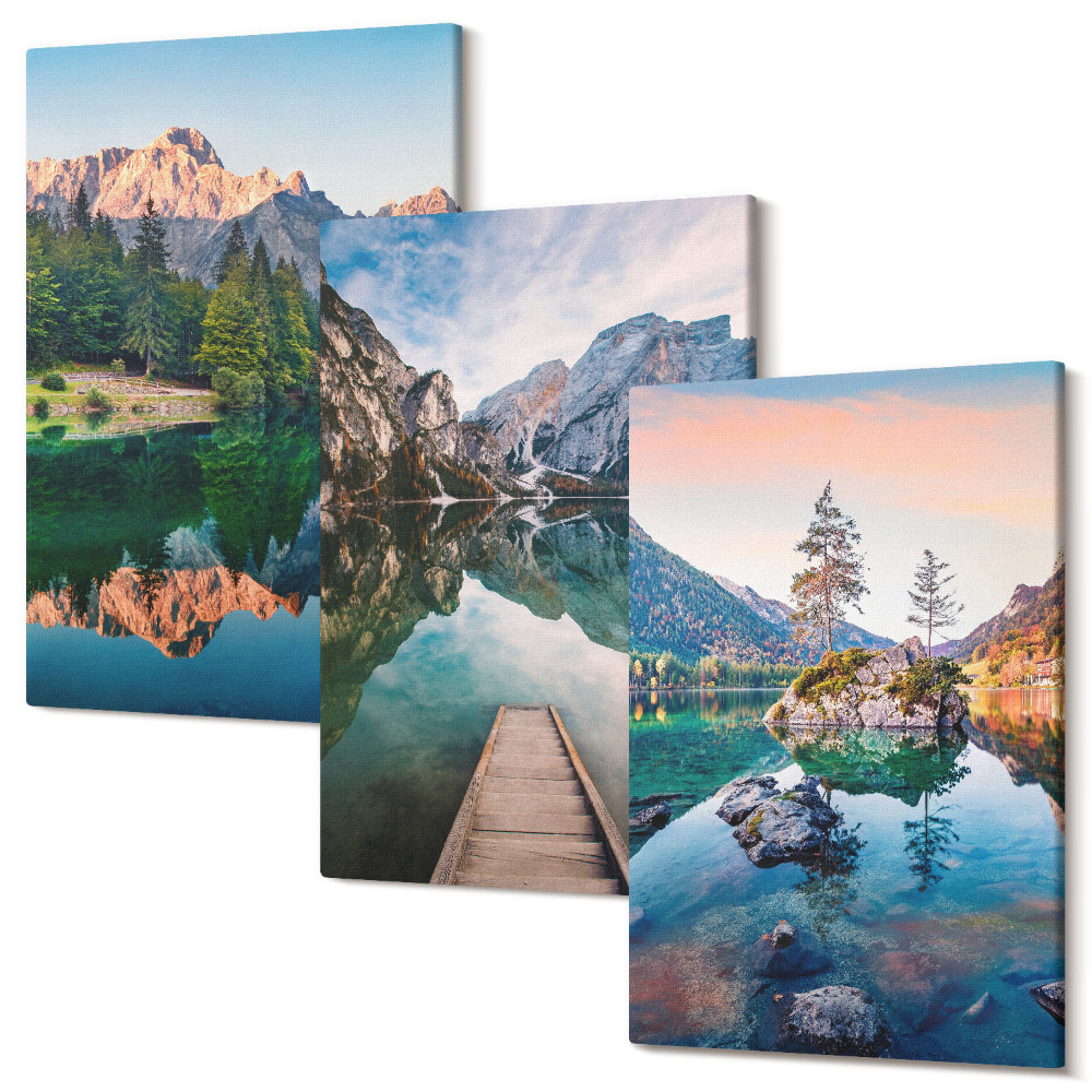 Zestaw obrazów 3 części tryptyk Górskie jeziora z odbiciem w wodzie i lasem
