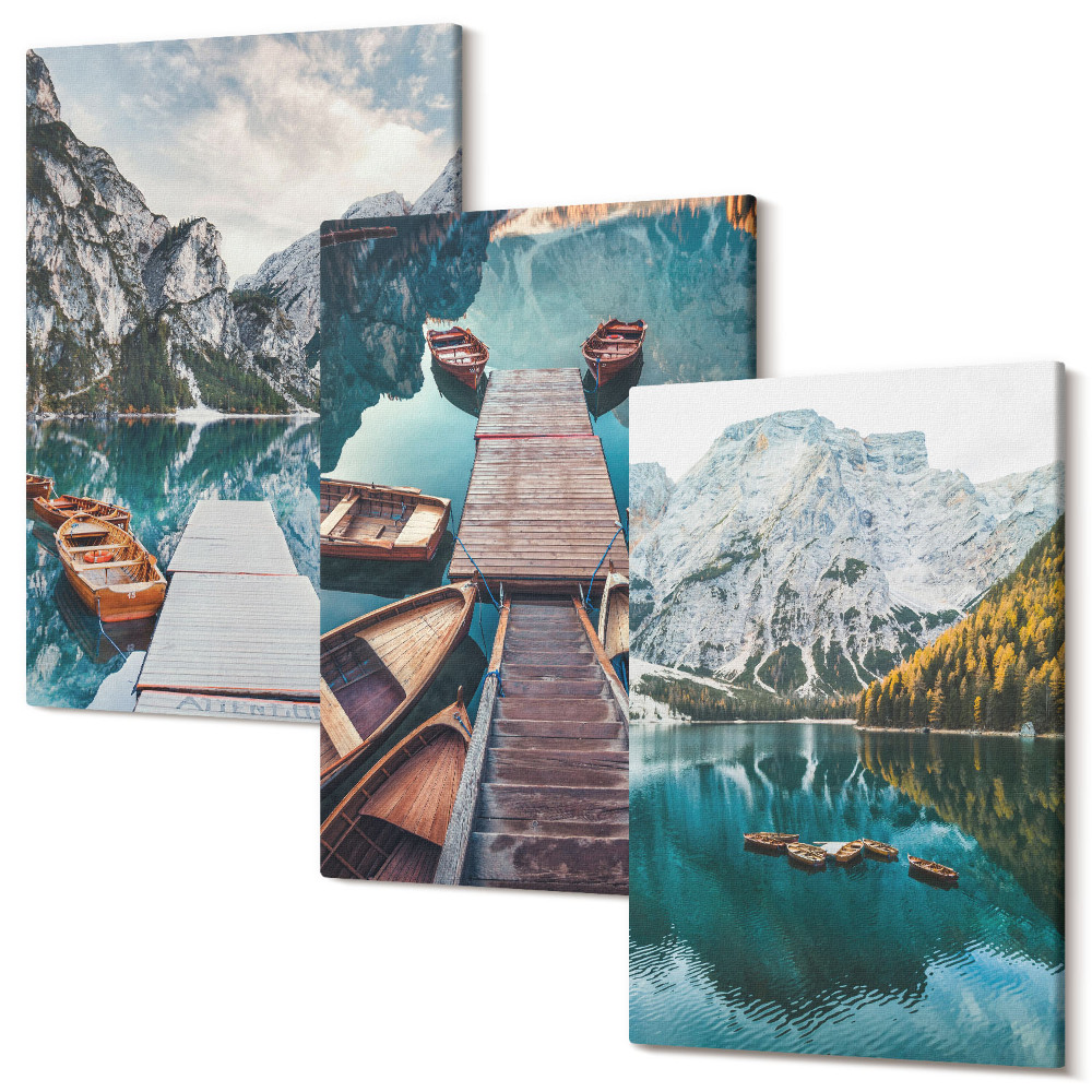 Zestaw obrazów 3 części tryptyk Jezioro z drewnianymi pomostami i górami