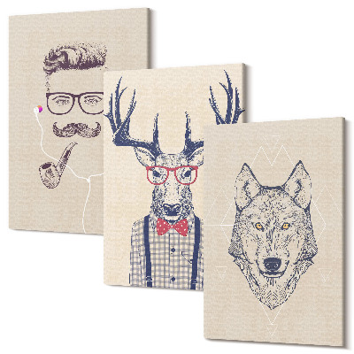 Zestaw obrazów na płótnie tryptyk Stylowe portrety zwierząt i mężczyzny