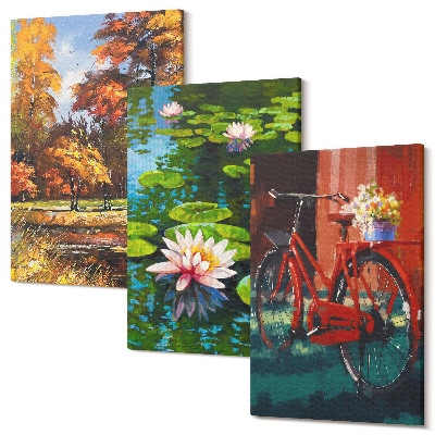 Zestaw obrazów tryptyk na ścianę Kolory jesieni staw z liliami rower na tarasie