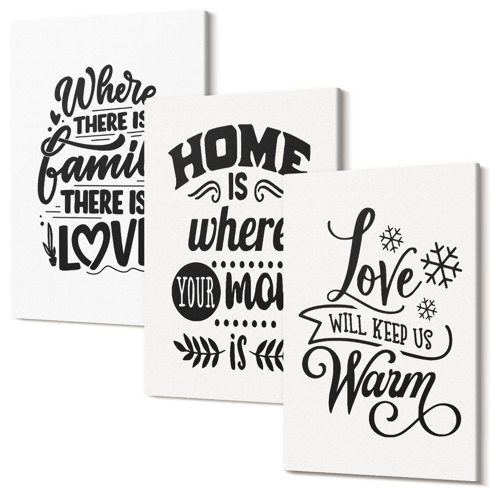 Zestaw obrazów 3 części tryptyk Rodzina miłość dom ciepło w prostych hasłach