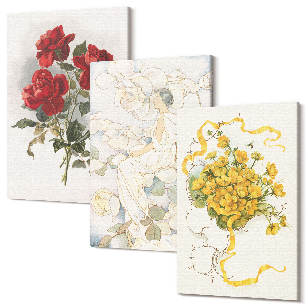 Zestaw obrazów tryptyk na ścianę Róże w czerwieni postać w bieli żółte kwiaty w wazonie