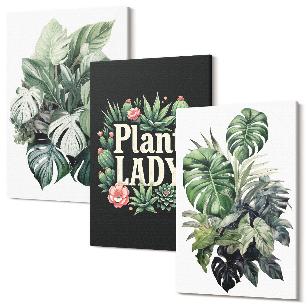 Zestaw obrazów 3 części tryptyk Rośliny tropikalne z napisem Plant Lady w zieleni