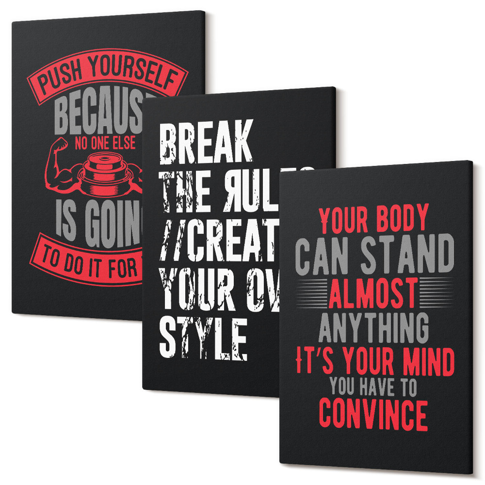 Zestaw obrazów na płótnie tryptyk Motywacja do treningu i samorozwoju hasła