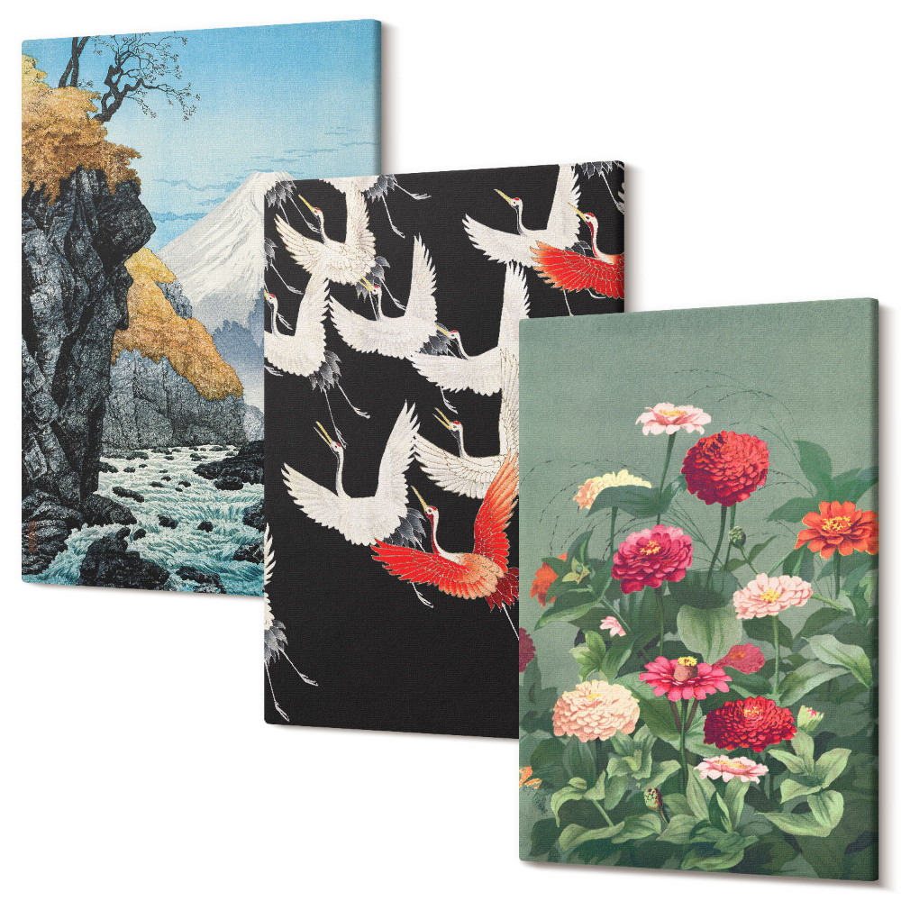 Zestaw obrazów tryptyk na ścianę Góry z wodospadem ptaki w locie i kolorowe kwiaty