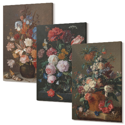 Zestaw obrazów 3 części tryptyk Kwiaty w wazonach różnorodne kompozycje roślinne vintage